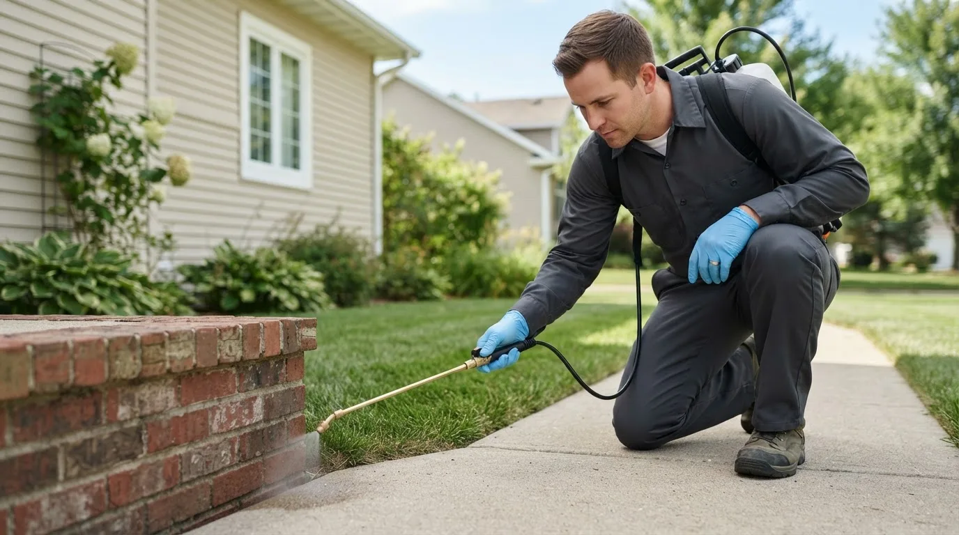 Pest control technician treating a home near North Richland Hills, TX